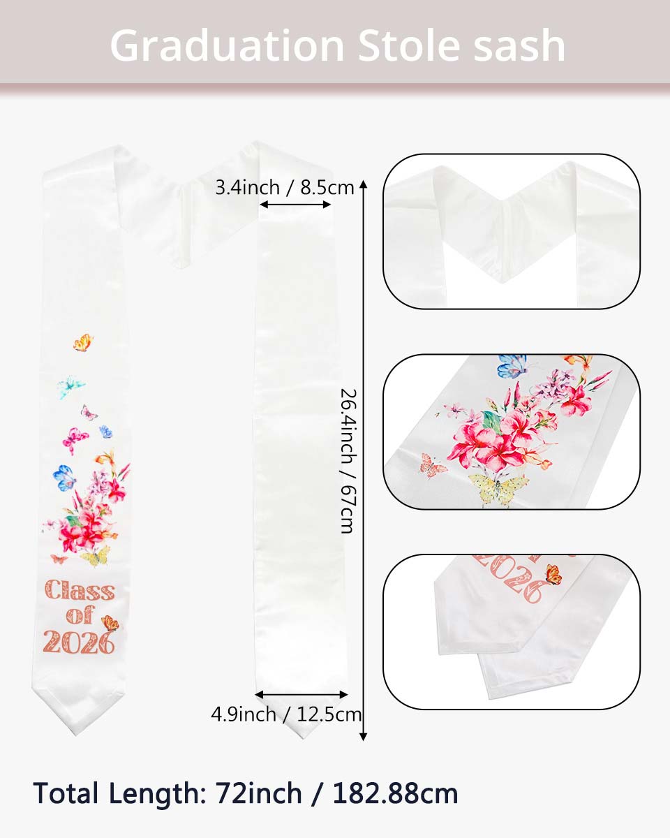 Class of 2026 Adults Floral Imprinted Graduation Stoles with Classic End - 7 Colors Available