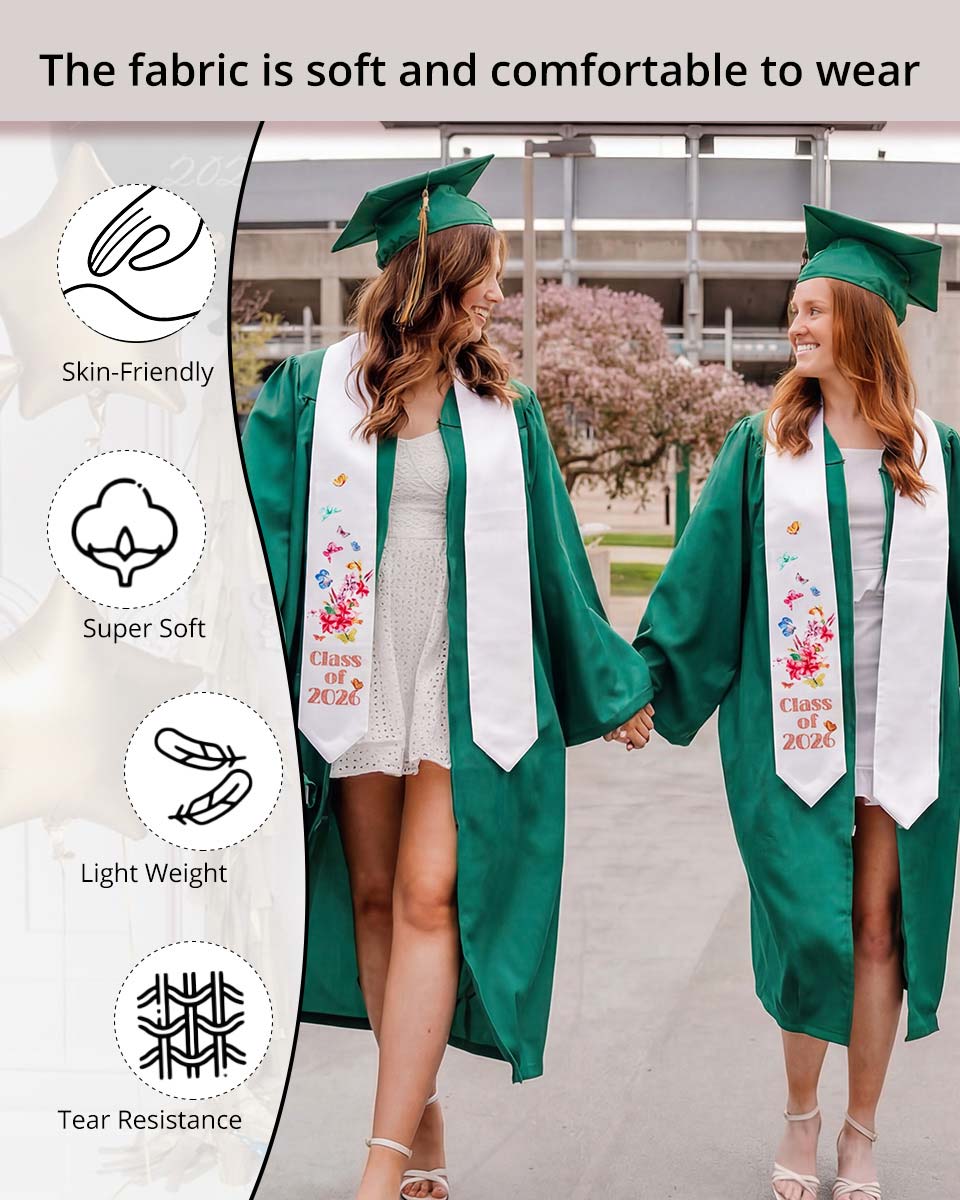 Class of 2026 Adults Floral Imprinted Graduation Stoles with Classic End - 7 Colors Available