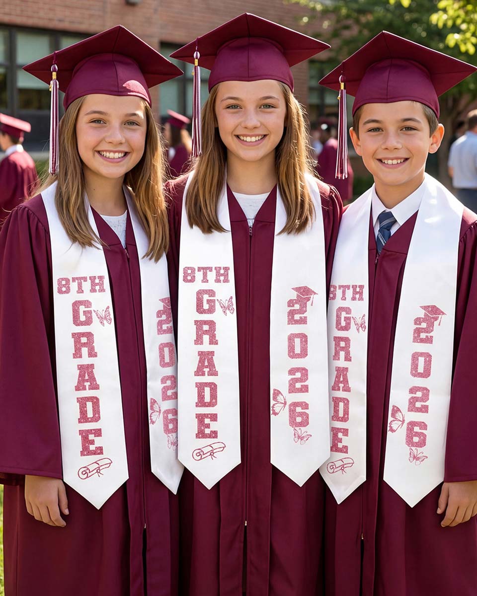 Class of 2026 8th Grade Graduation Stole with Glitter Letter - 2 Color Available