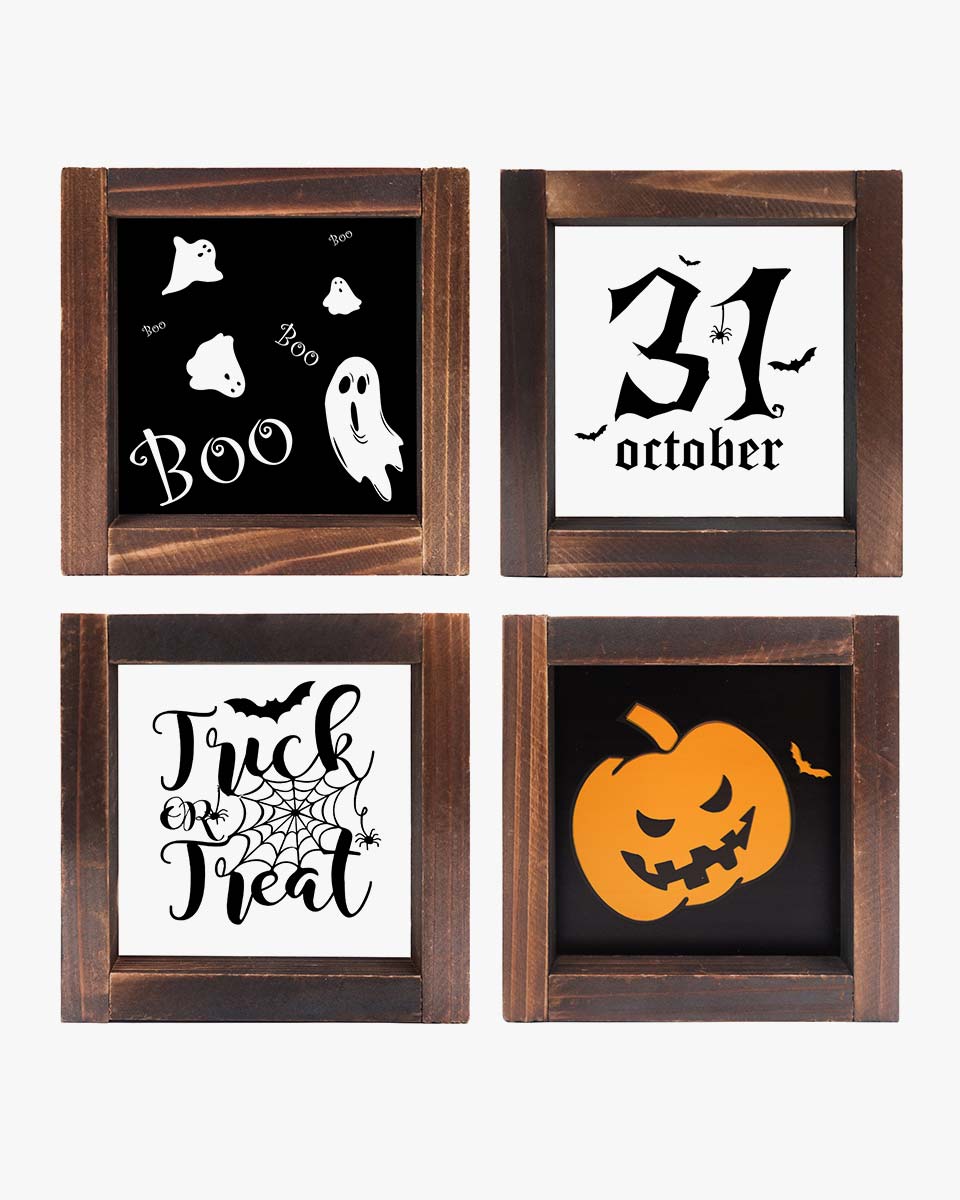 Vintage Halloween Wood Sign for Shelf Mantel Table Desk Wall Decor - Pack of 4