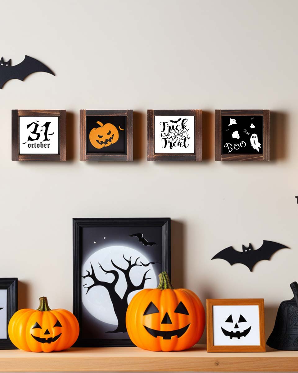 Vintage Halloween Wood Sign for Shelf Mantel Table Desk Wall Decor - Pack of 4