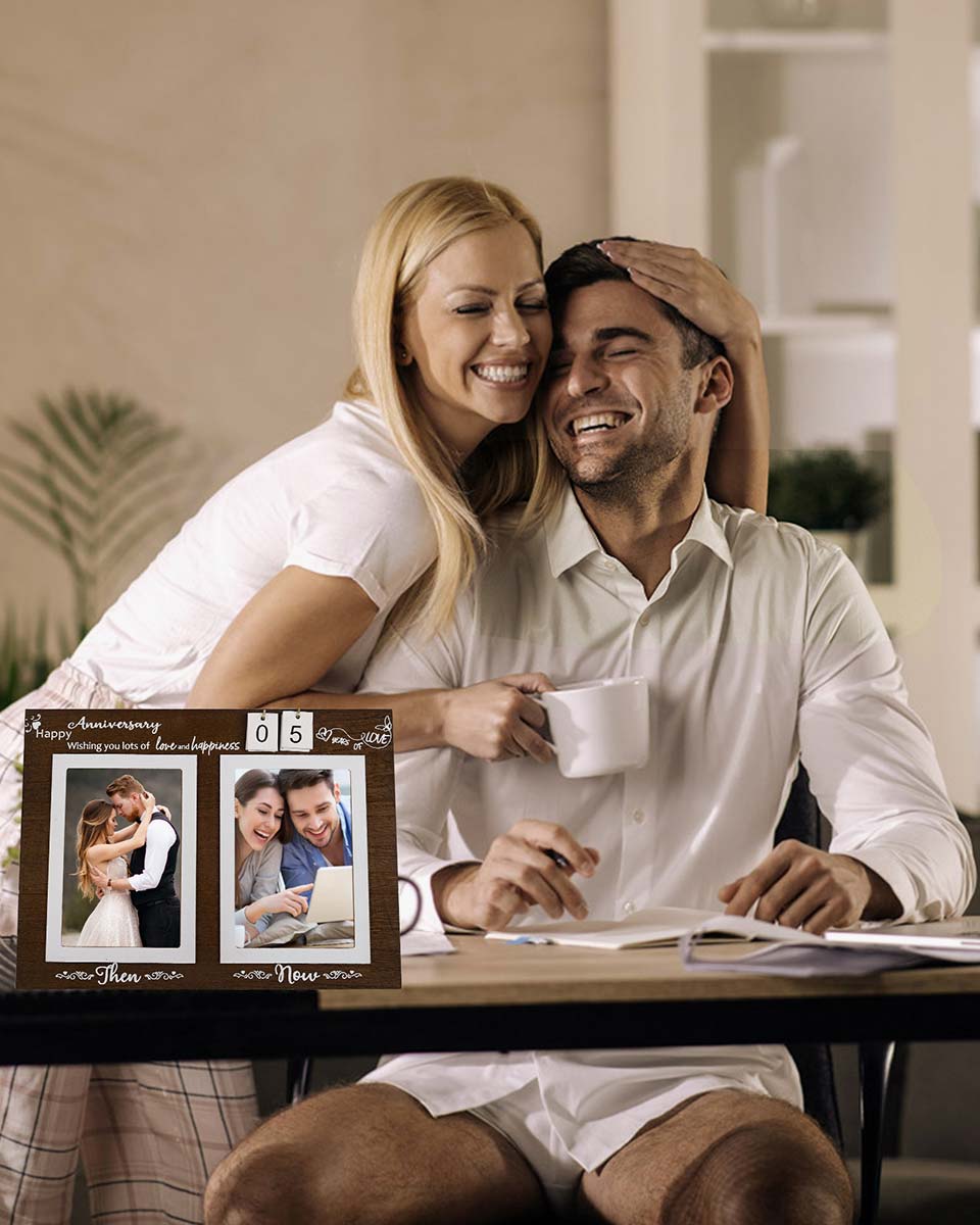 Brown Anniversary Wood Photo Frame Holds Double 4x6 Pictures