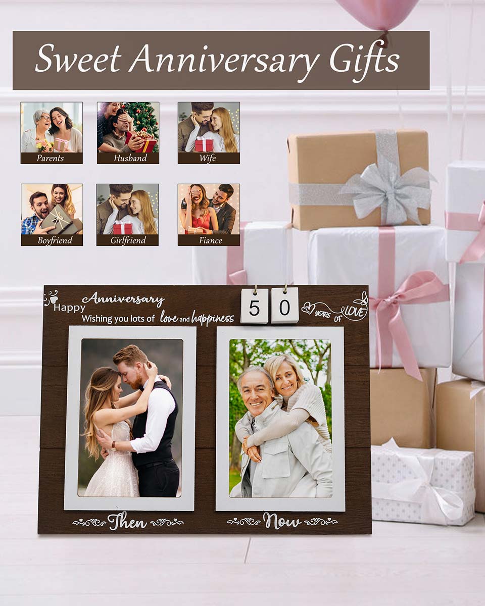 Brown Anniversary Wood Photo Frame Holds Double 4x6 Pictures