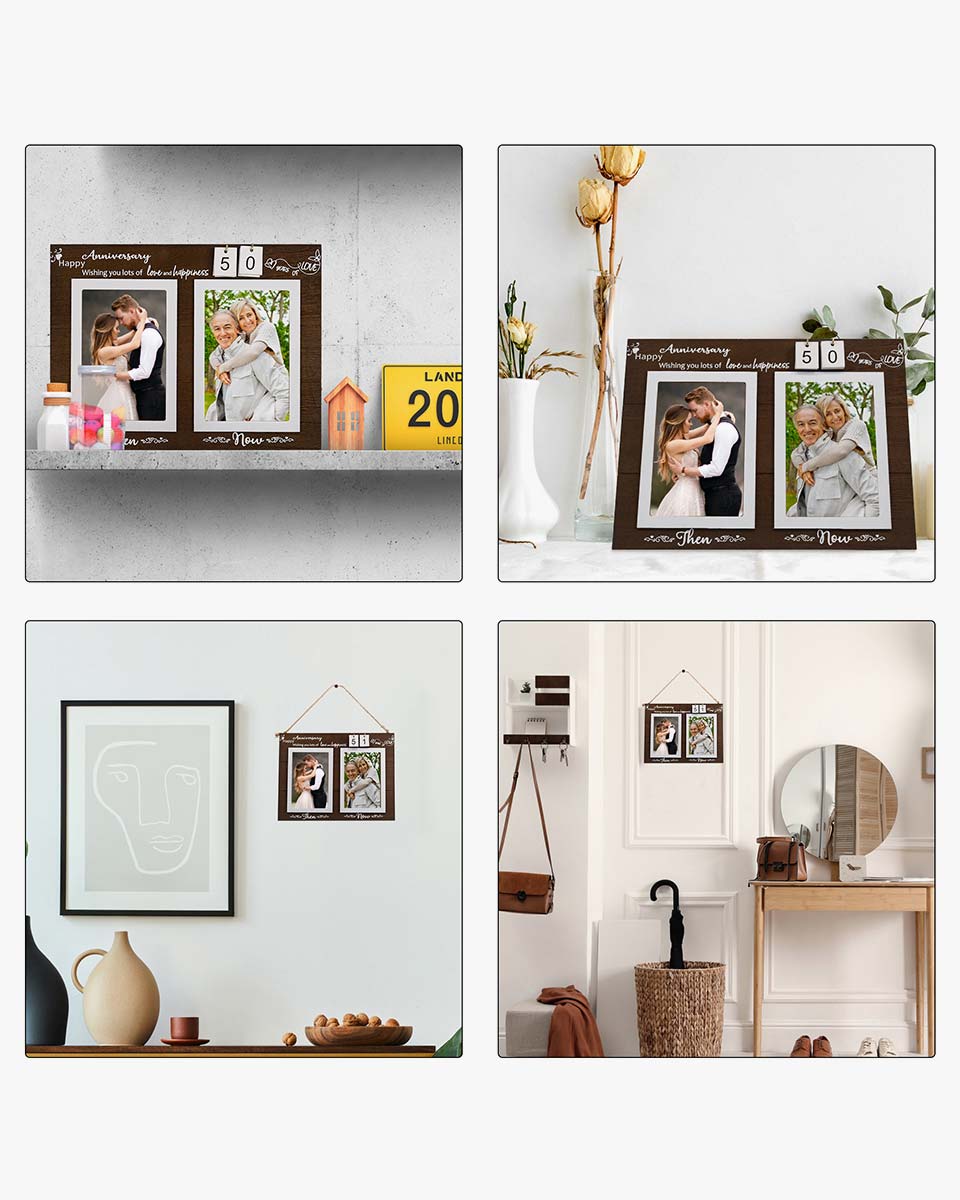 Brown Anniversary Wood Photo Frame Holds Double 4x6 Pictures