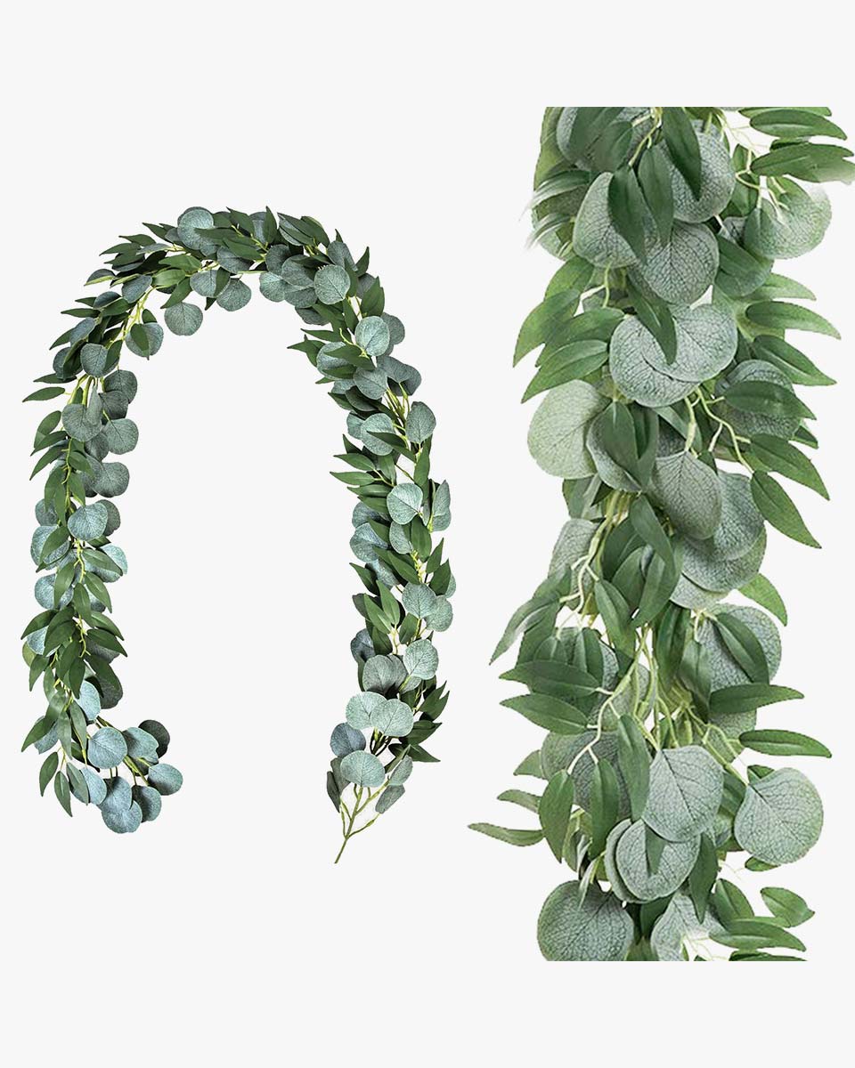2 Strands Artificial Silver Dollar Garland Eucalyptus Vines with Willow for Home Decor and DIY Indoor-Outdoor Party