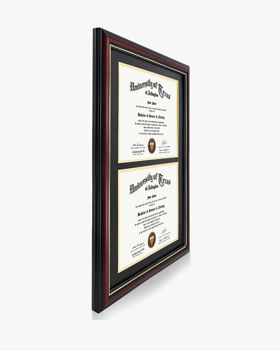 Graduation Certificate Double Documents Frame Cherry Real Wood with Gold Trim - 8.5"*11