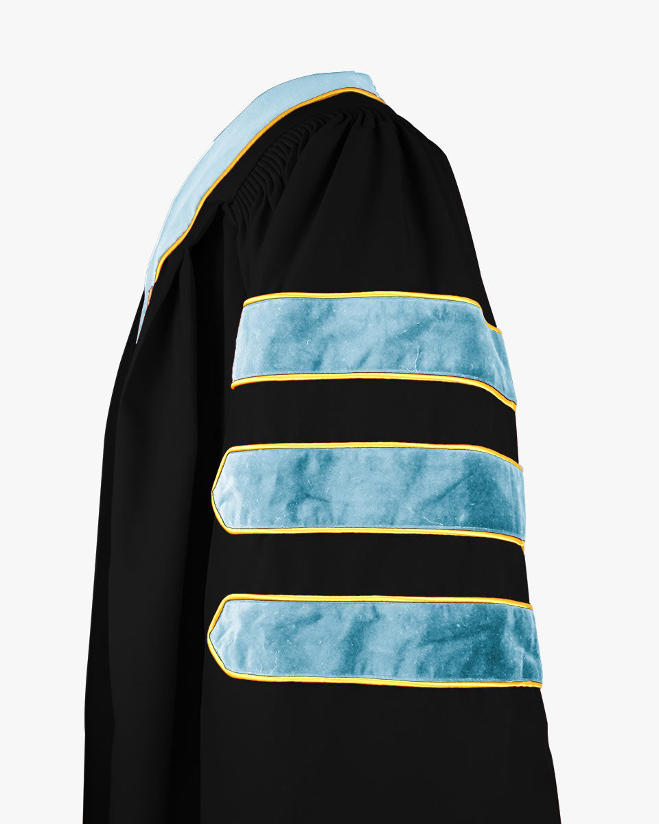 Deluxe Doctoral Gown Tam - Light Blue Trim with Gold Piping