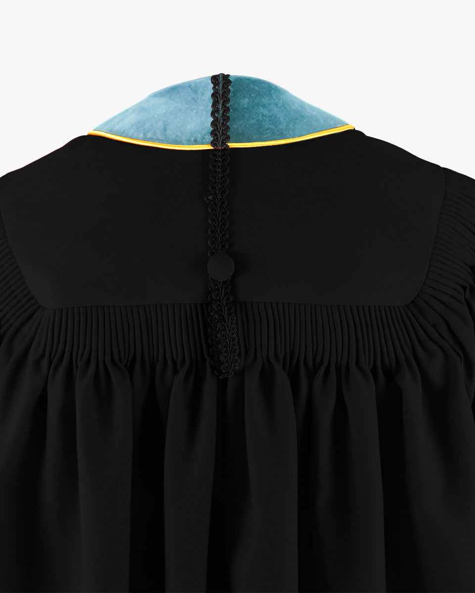 Deluxe Doctoral Gown Tam - Light Blue Trim with Gold Piping