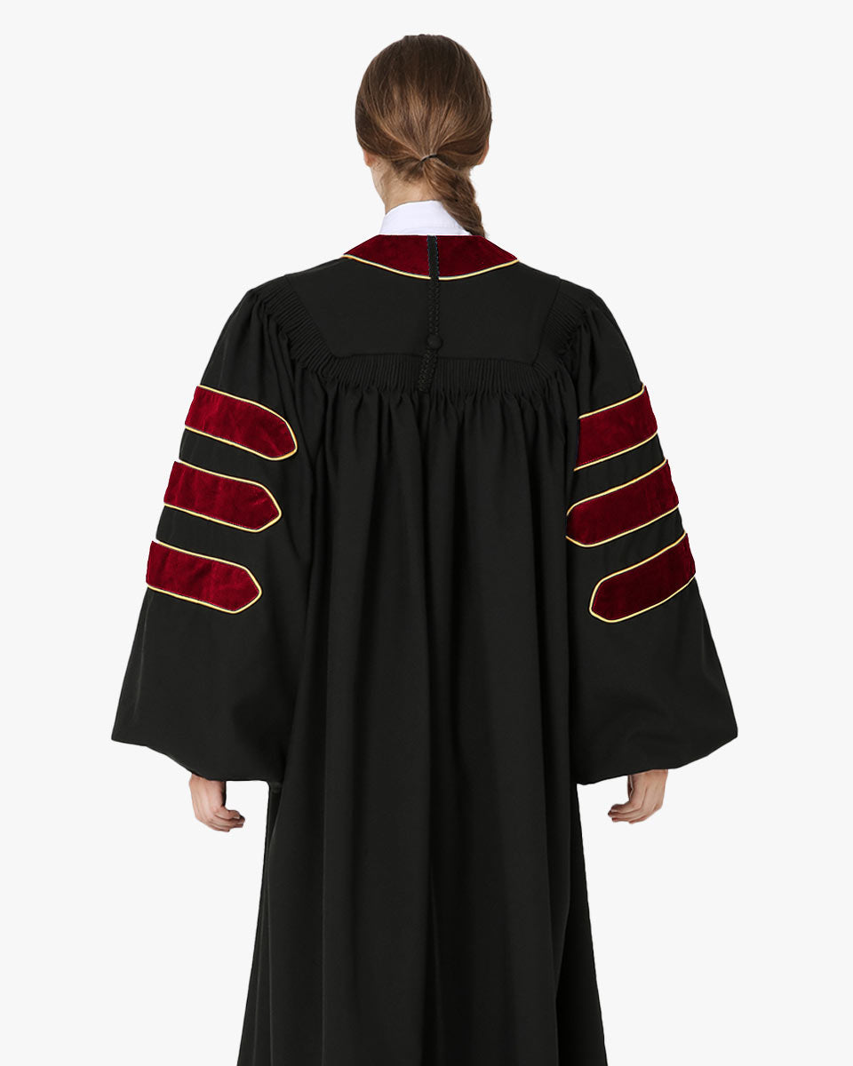 Deluxe Doctoral Gown Tam - Scarlet Trim with Gold Piping