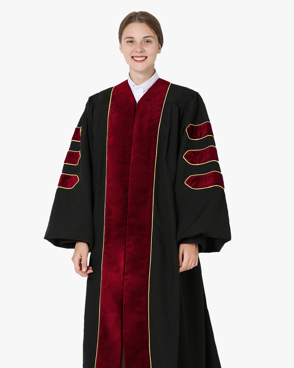 GraduationMall Deluxe Doctoral Graduation Gown Black Velvet with Gold  Piping for Faculty and Professor 45(5'0