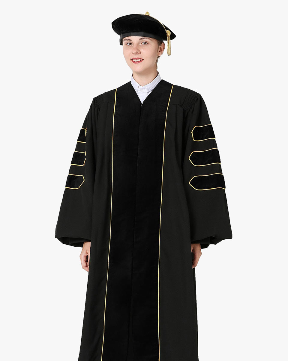 Deluxe Doctoral Gown Tam  - Black Trim with Gold Piping