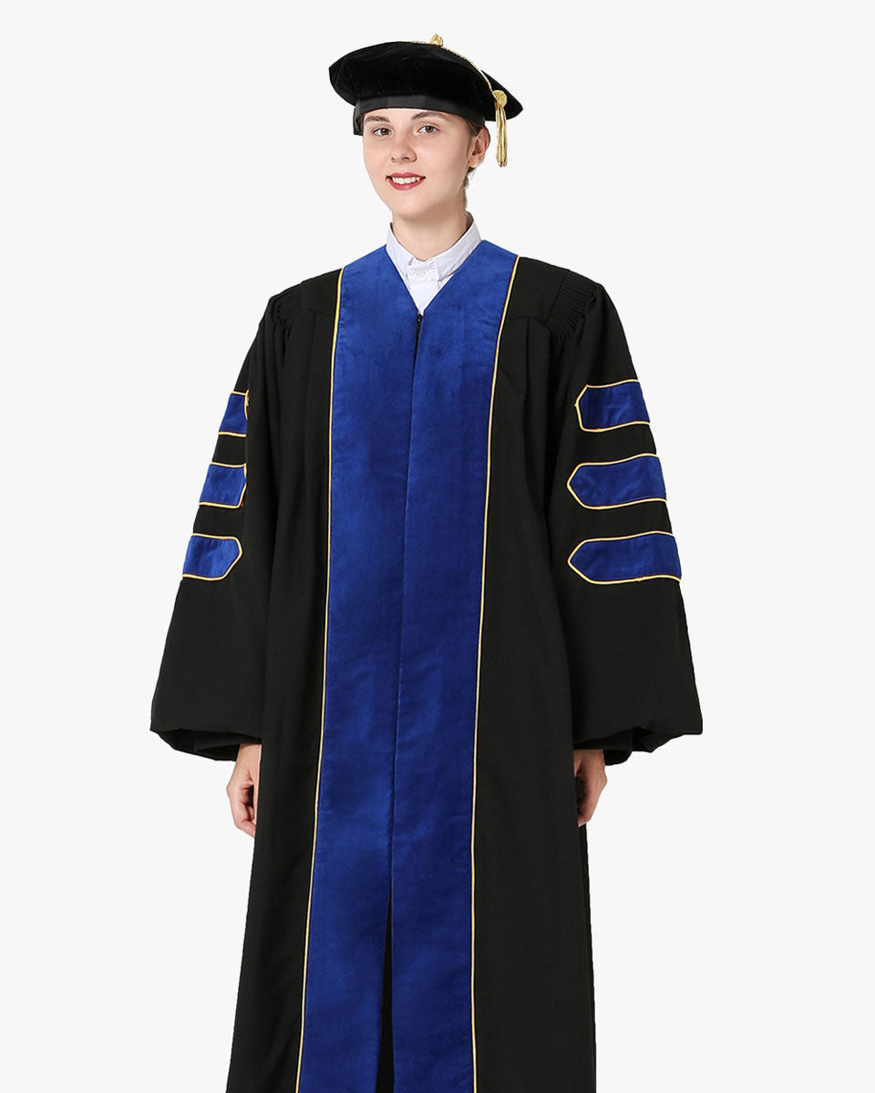 Deluxe Doctoral Gown Tam - PhD Blue Trim with Gold Piping