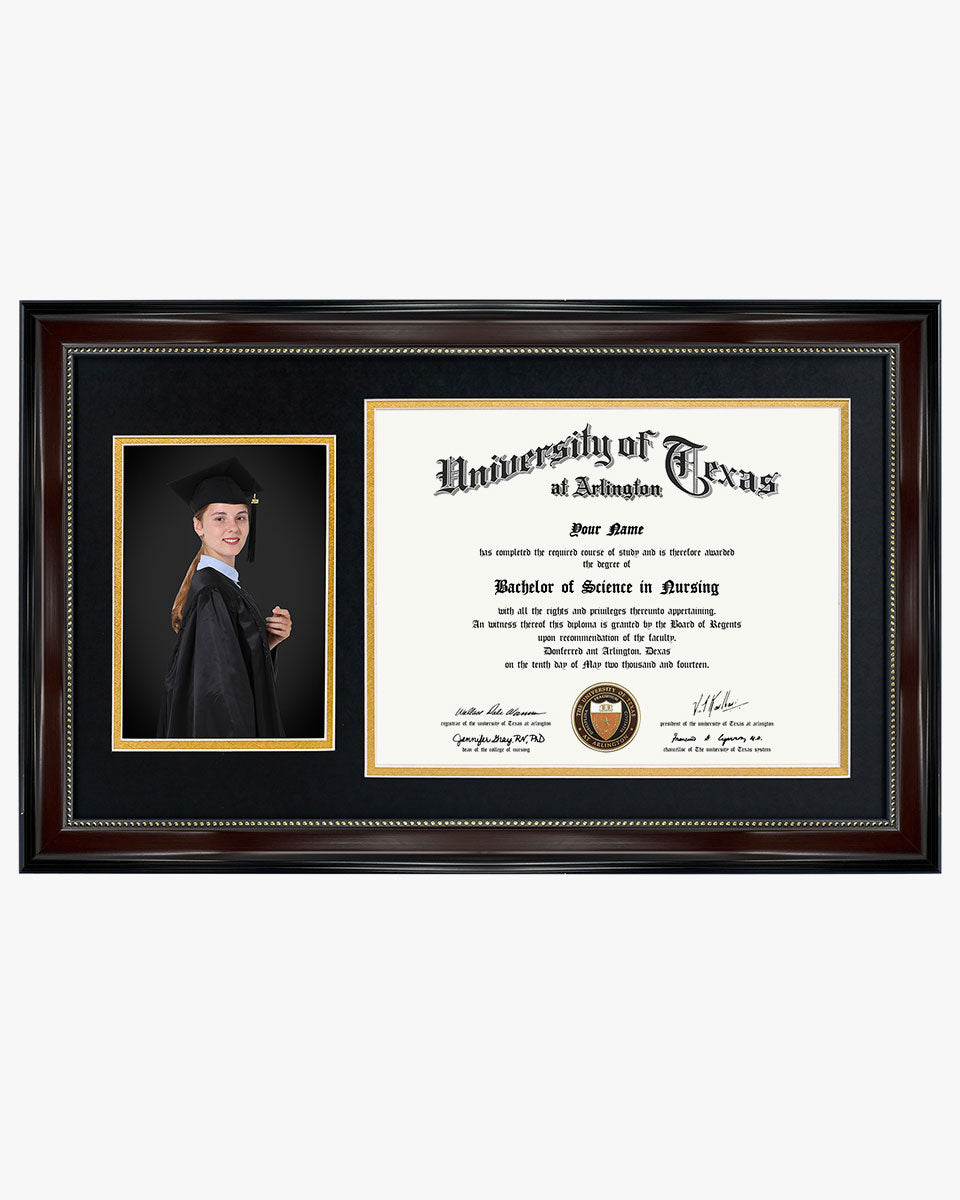 Certificate Document Picture Mahogany Frame with Black over Gold Double Mat