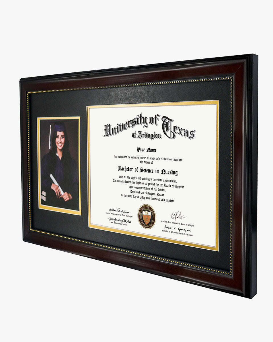 Certificate Document Picture Mahogany Frame with Black over Gold Double Mat