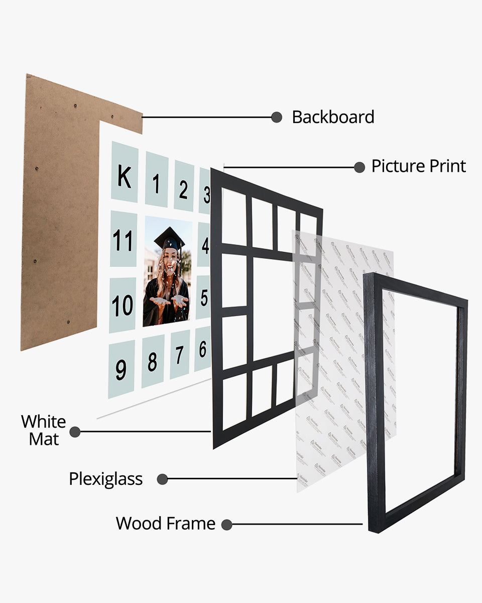 Graduation School Years K-12 Day Collage Wood with Double Mat Photo Frame - 3 Colors Available