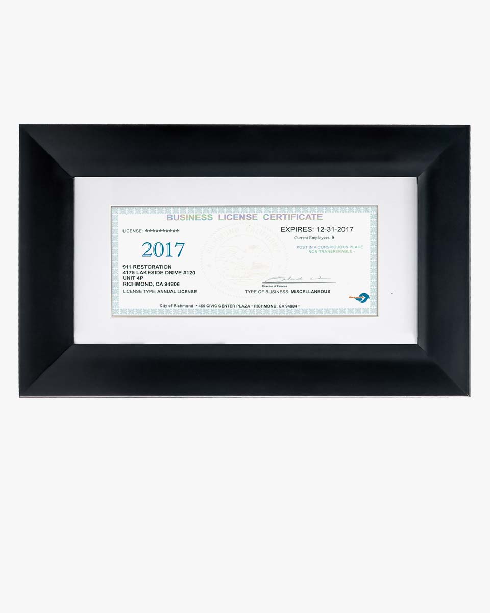 Business License Frame Black with Real Glass and White Mat