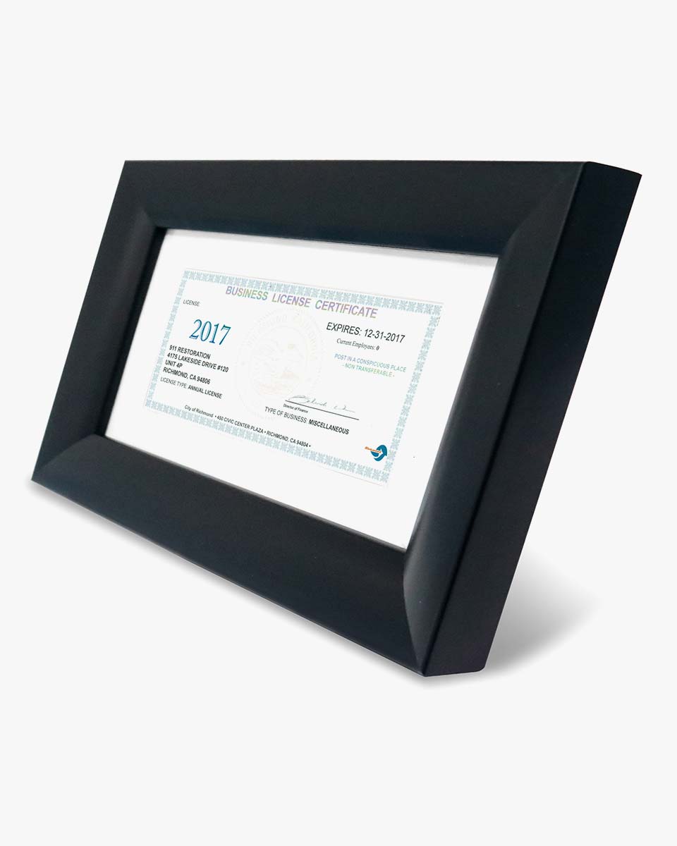 Business License Frame Black with Real Glass and White Mat
