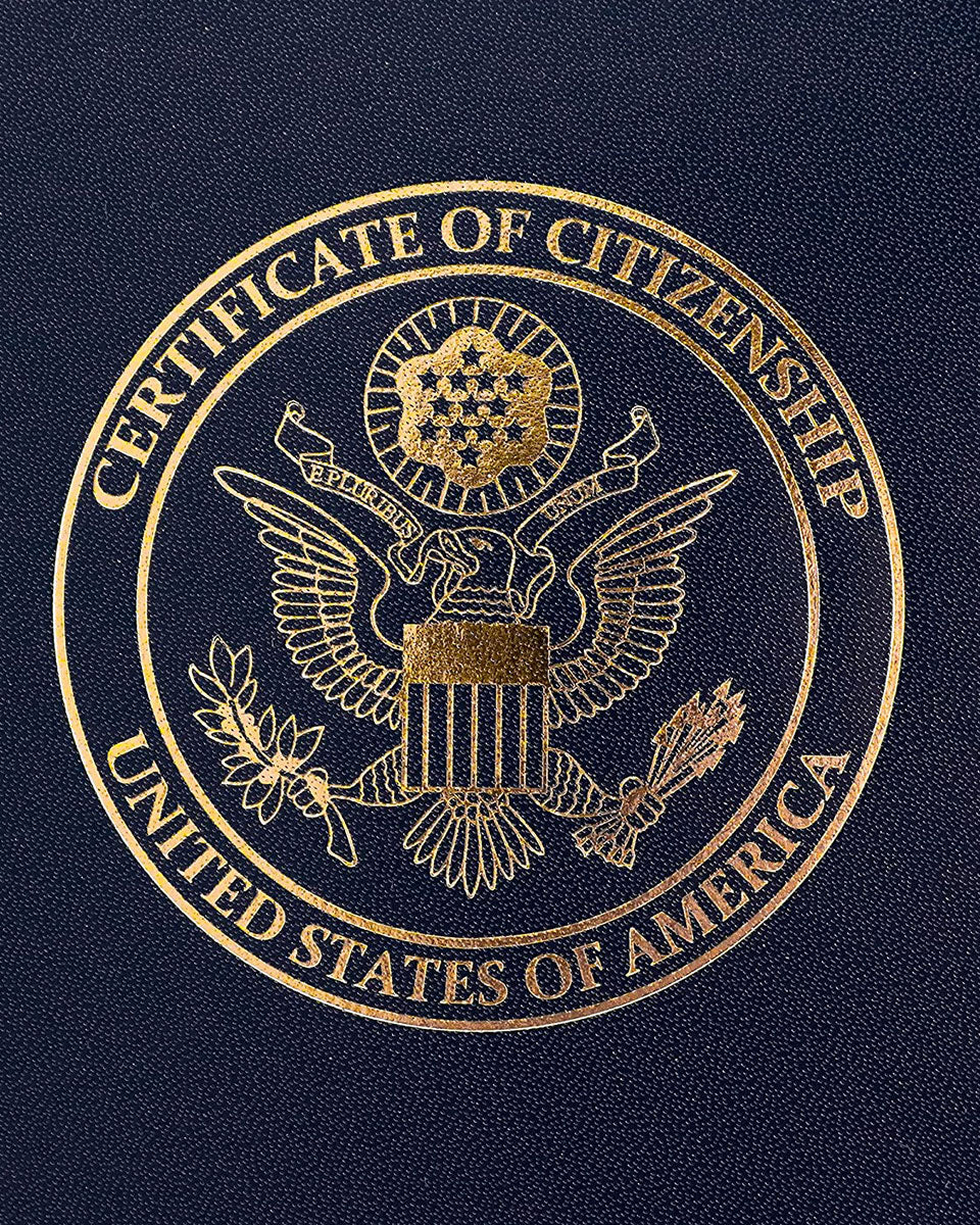 US Citizenship Naturalization Certificate Cover of with Gold Logo 'Certificate of Citizenship'