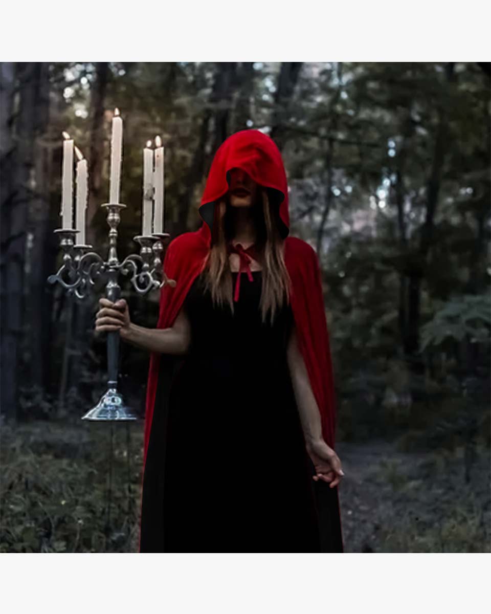 Unisex Fancy Full Length Black-Red Reversible Hooded Cloak for Halloween Dress Cosplay