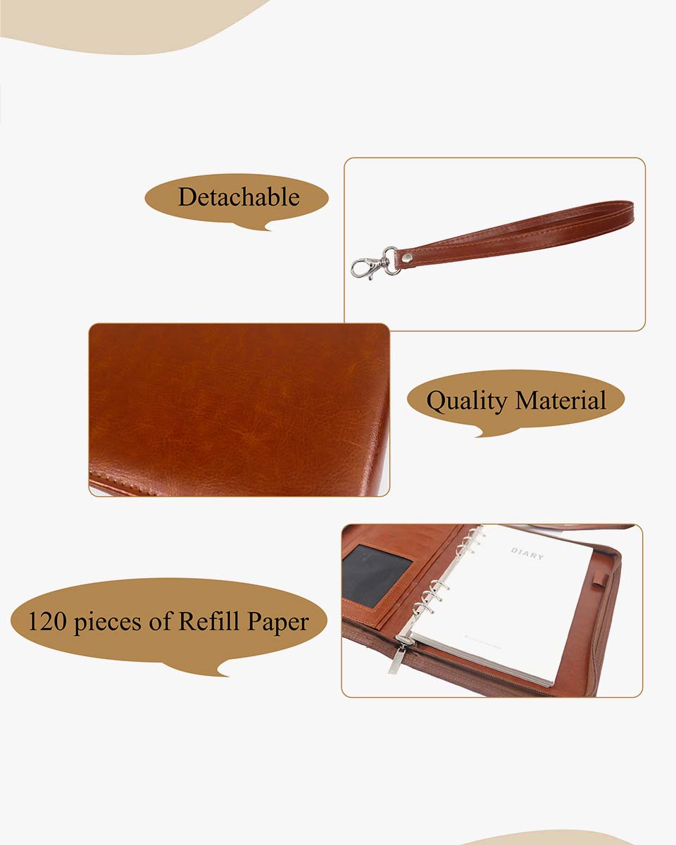 Zippered Leather Business Portfolio Padfolio with A5 Size Binder Paper– 3 Colors Available