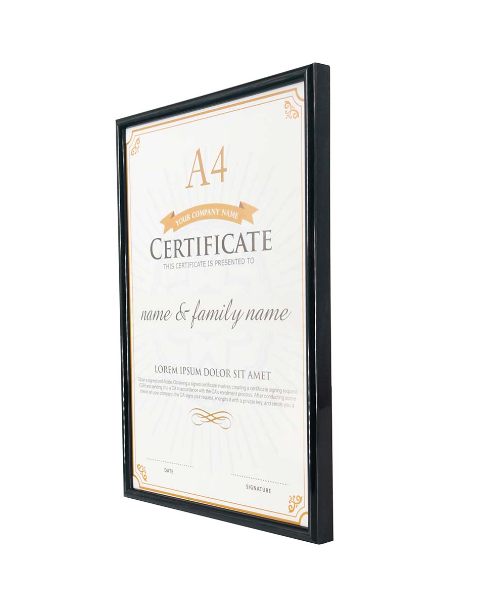 Black PVC Certificate Picture Frame with Plexiglass for A4