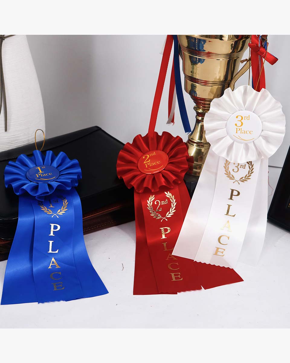 Blue, Red, White Award Ribbons Rosette Ribbon for Classroom Prizes Winner Grand First Second and Third Place (3 Pieces)